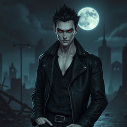 A tall male vampire with pale skin, striking black hair, and vivid crimson eyes stands in an apocalyptic city at night