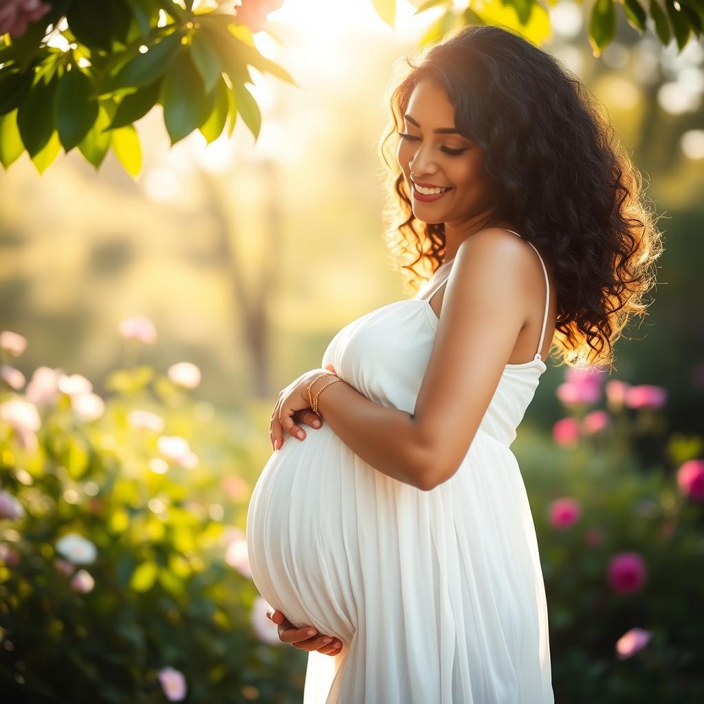 A beautifully lit portrait of a pregnant woman standing in a serene outdoor setting, gently cradling her baby bump with a soft smile on her face