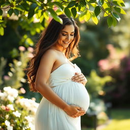A beautifully lit portrait of a pregnant woman standing in a serene outdoor setting, gently cradling her baby bump with a soft smile on her face