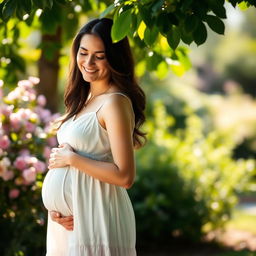 A beautifully lit portrait of a pregnant woman standing in a serene outdoor setting, gently cradling her baby bump with a soft smile on her face