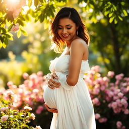 A beautifully lit portrait of a pregnant woman standing in a serene outdoor setting, gently cradling her baby bump with a soft smile on her face