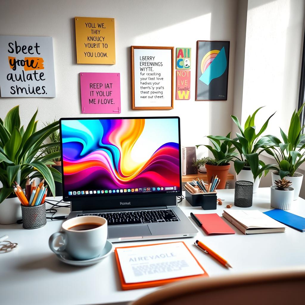 An inspiration for an online business, showcasing a modern workspace adorned with creative elements such as a laptop with vibrant visuals on the screen, a cup of coffee beside it, and stationery organized neatly