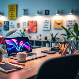 An inspiration for an online business, showcasing a modern workspace adorned with creative elements such as a laptop with vibrant visuals on the screen, a cup of coffee beside it, and stationery organized neatly