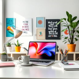 An inspiration for an online business, showcasing a modern workspace adorned with creative elements such as a laptop with vibrant visuals on the screen, a cup of coffee beside it, and stationery organized neatly