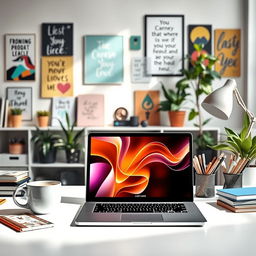 An inspiration for an online business, showcasing a modern workspace adorned with creative elements such as a laptop with vibrant visuals on the screen, a cup of coffee beside it, and stationery organized neatly
