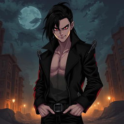A tall male vampire with pale skin, long black hair, and intense crimson eyes, exuding a captivating yet menacing aura