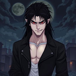 A tall male vampire with pale skin, long black hair, and intense crimson eyes, exuding a captivating yet menacing aura