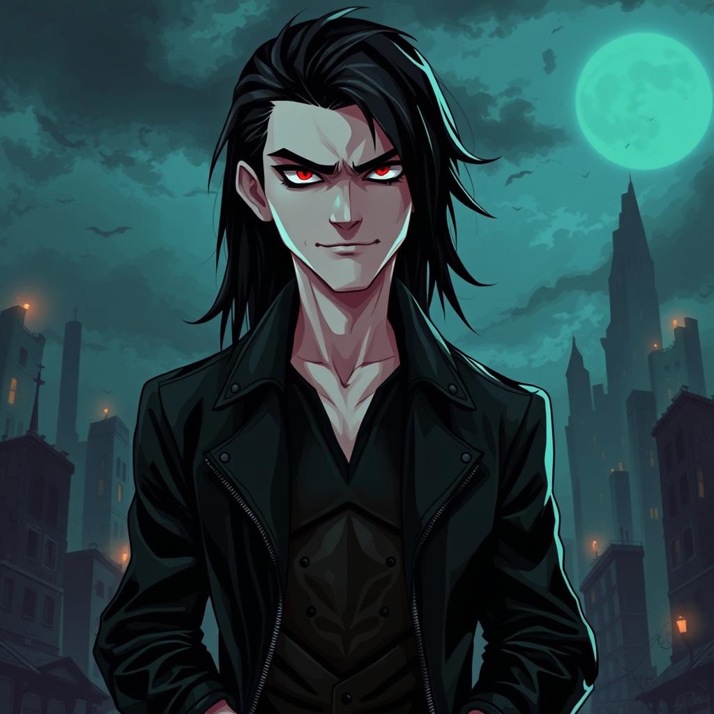 A tall male vampire with pale skin, long black hair, and intense crimson eyes, exuding a captivating yet menacing aura