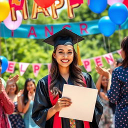 A joyful graduation scene featuring a young woman wearing a traditional cap and gown, surrounded by a backdrop of colorful balloons and banners celebrating her achievement