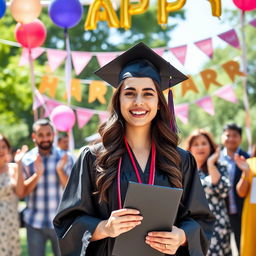 A joyful graduation scene featuring a young woman wearing a traditional cap and gown, surrounded by a backdrop of colorful balloons and banners celebrating her achievement