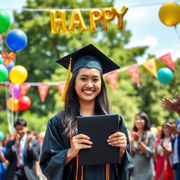 A joyful graduation scene featuring a young woman wearing a traditional cap and gown, surrounded by a backdrop of colorful balloons and banners celebrating her achievement