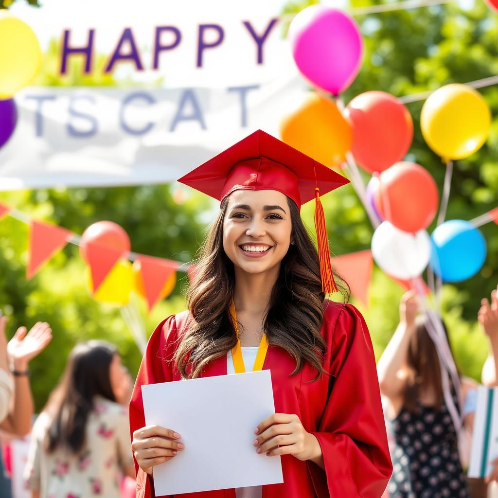 A joyful graduation scene featuring a young woman wearing a traditional cap and gown, surrounded by a backdrop of colorful balloons and banners celebrating her achievement