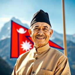 A portrait of a charismatic and confident man, depicted as the Prime Minister of Nepal, standing proudly in front of the Nepalese flag
