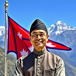 A portrait of a charismatic and confident man, depicted as the Prime Minister of Nepal, standing proudly in front of the Nepalese flag