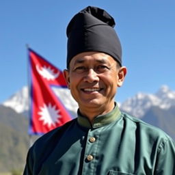 A portrait of a charismatic and confident man, depicted as the Prime Minister of Nepal, standing proudly in front of the Nepalese flag