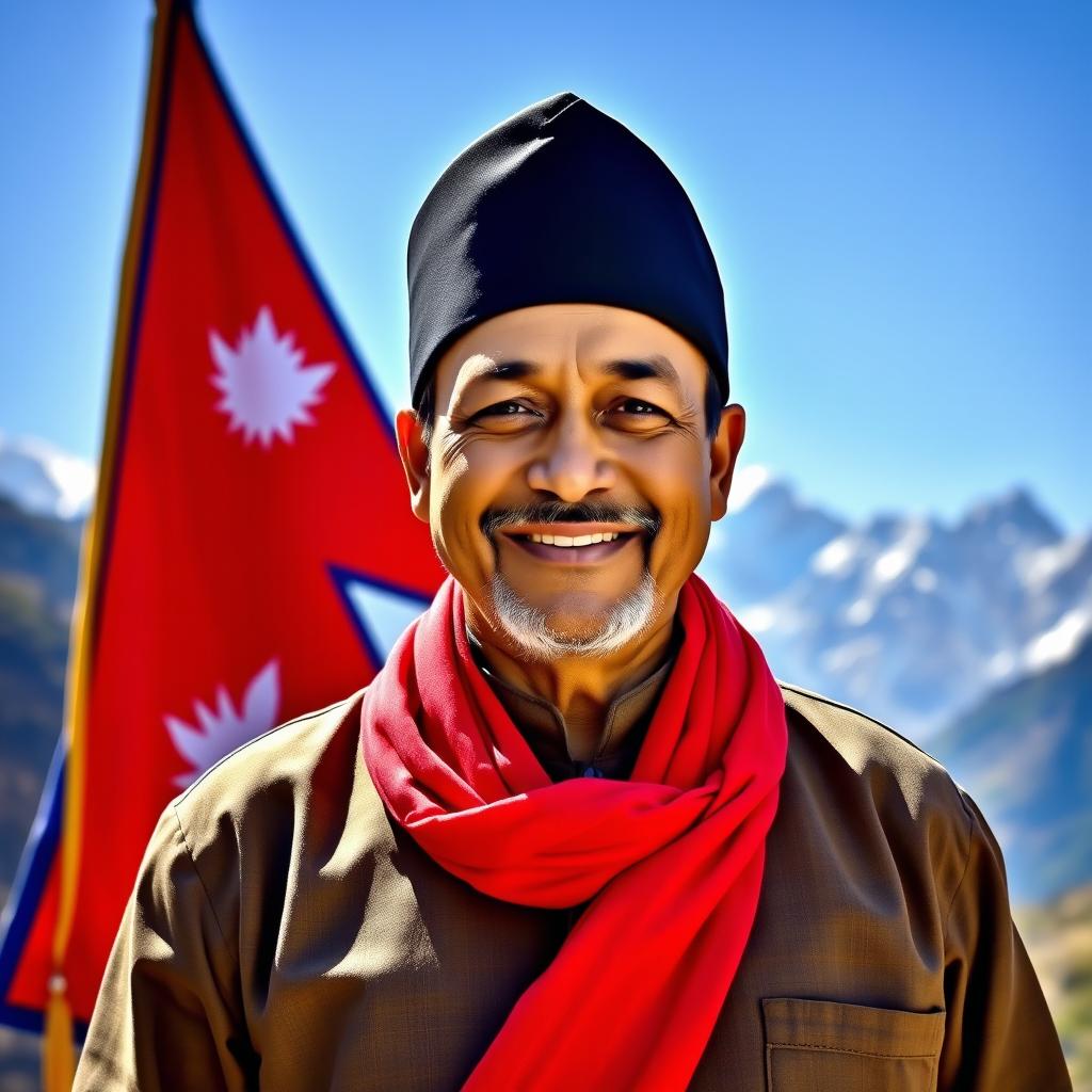 A portrait of a charismatic and confident man, depicted as the Prime Minister of Nepal, standing proudly in front of the Nepalese flag
