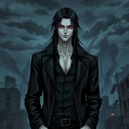 A tall male character with striking pale skin, long black hair, and captivating crimson eyes