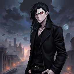 A tall male character with striking pale skin, long black hair, and captivating crimson eyes
