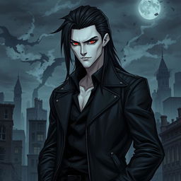 A tall male character with striking pale skin, long black hair, and captivating crimson eyes