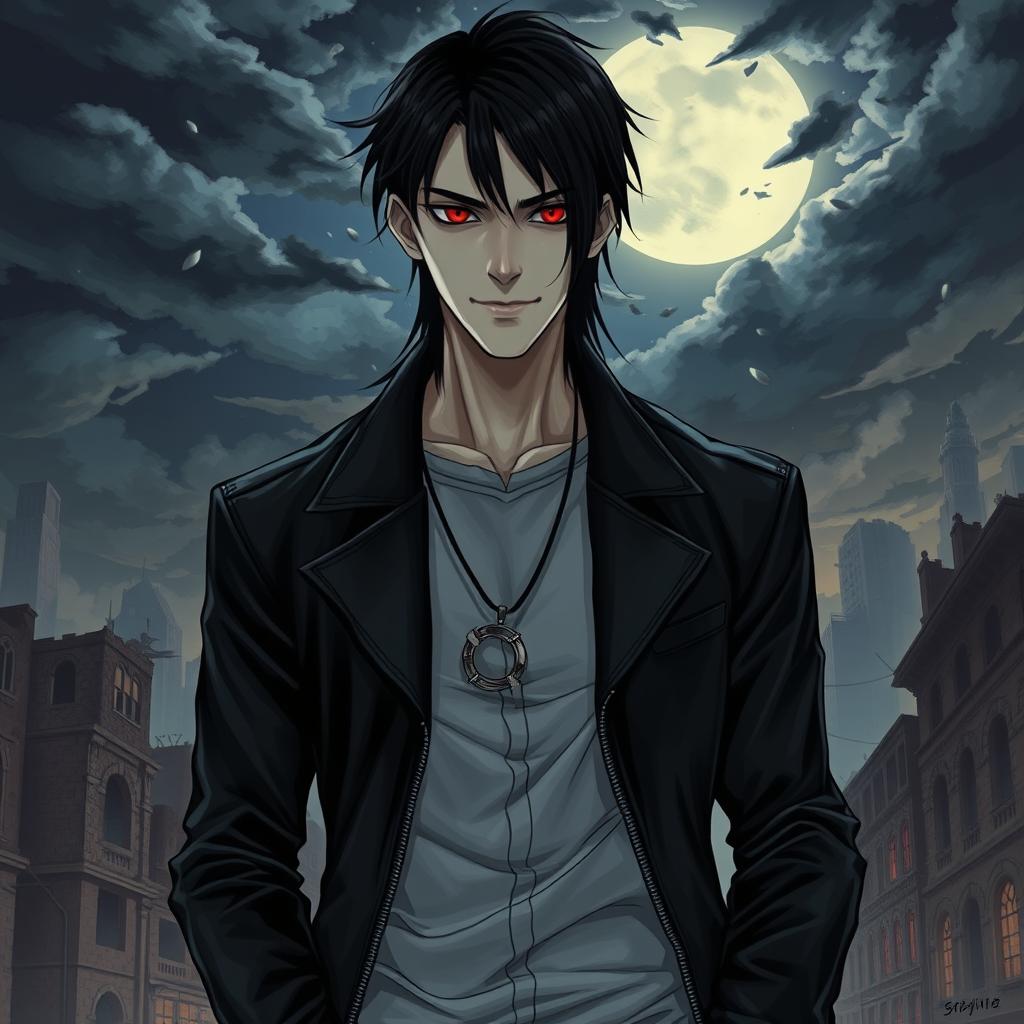 A tall male character with striking pale skin, long black hair, and captivating crimson eyes