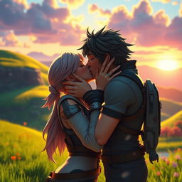 A romantic and intimate scene depicting two characters from a popular game, passionately sharing a kiss