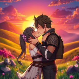 A romantic and intimate scene depicting two characters from a popular game, passionately sharing a kiss