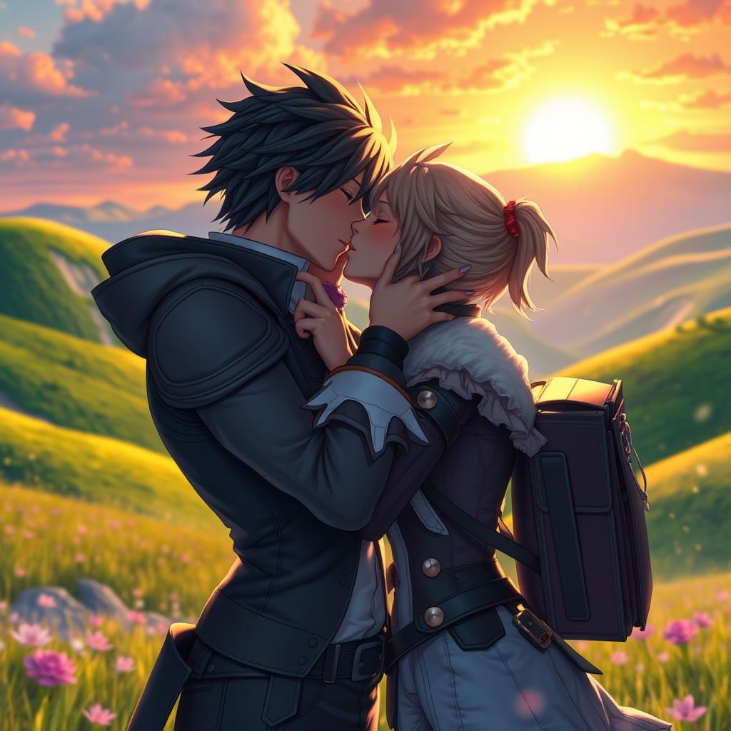 A romantic and intimate scene depicting two characters from a popular game, passionately sharing a kiss