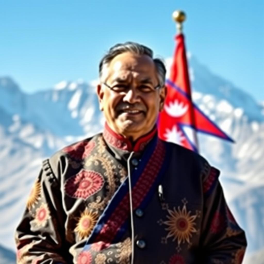 A striking portrait of a confident man as the Prime Minister of Nepal, prominently wearing a traditional Daura Suruwal outfit, which features intricate patterns and vibrant colors