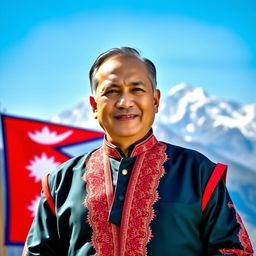 A striking portrait of a confident man as the Prime Minister of Nepal, prominently wearing a traditional Daura Suruwal outfit, which features intricate patterns and vibrant colors