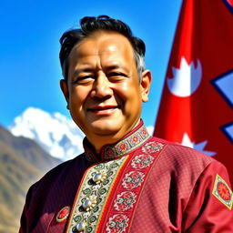 A striking portrait of a confident man as the Prime Minister of Nepal, prominently wearing a traditional Daura Suruwal outfit, which features intricate patterns and vibrant colors