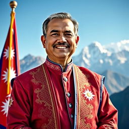 A striking portrait of a confident man as the Prime Minister of Nepal, prominently wearing a traditional Daura Suruwal outfit, which features intricate patterns and vibrant colors