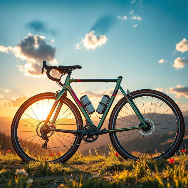 A highly detailed image of a modern racing bike, featuring a sleek aerodynamic design with vivid colors