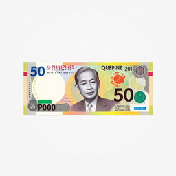 A realistic depiction of the 50 Philippine peso paper bill, showcasing its intricate design elements such as the portrait of the former Philippine President Manuel L