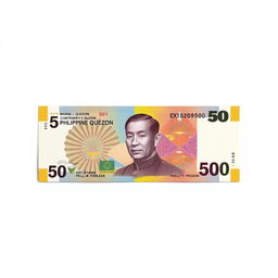 A realistic depiction of the 50 Philippine peso paper bill, showcasing its intricate design elements such as the portrait of the former Philippine President Manuel L