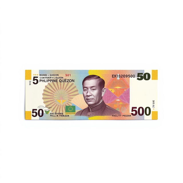 A realistic depiction of the 50 Philippine peso paper bill, showcasing its intricate design elements such as the portrait of the former Philippine President Manuel L
