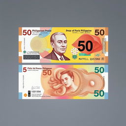 A realistic depiction of the 50 Philippine peso paper bill, showcasing its intricate design elements such as the portrait of the former Philippine President Manuel L