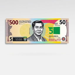 A realistic depiction of the 50 Philippine peso paper bill, showcasing its intricate design elements such as the portrait of the former Philippine President Manuel L