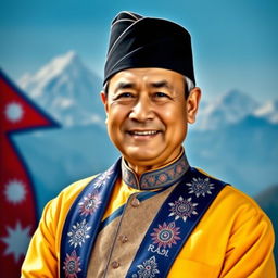 A dignified portrait of a man as the Prime Minister of Nepal, confidently wearing traditional Nepali poshak (attire), which includes a beautifully embroidered Daura Suruwal and a black topi hat