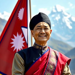 A dignified portrait of a man as the Prime Minister of Nepal, confidently wearing traditional Nepali poshak (attire), which includes a beautifully embroidered Daura Suruwal and a black topi hat