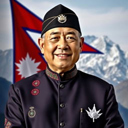 A dignified portrait of a man as the Prime Minister of Nepal, confidently wearing traditional Nepali poshak (attire), which includes a beautifully embroidered Daura Suruwal and a black topi hat