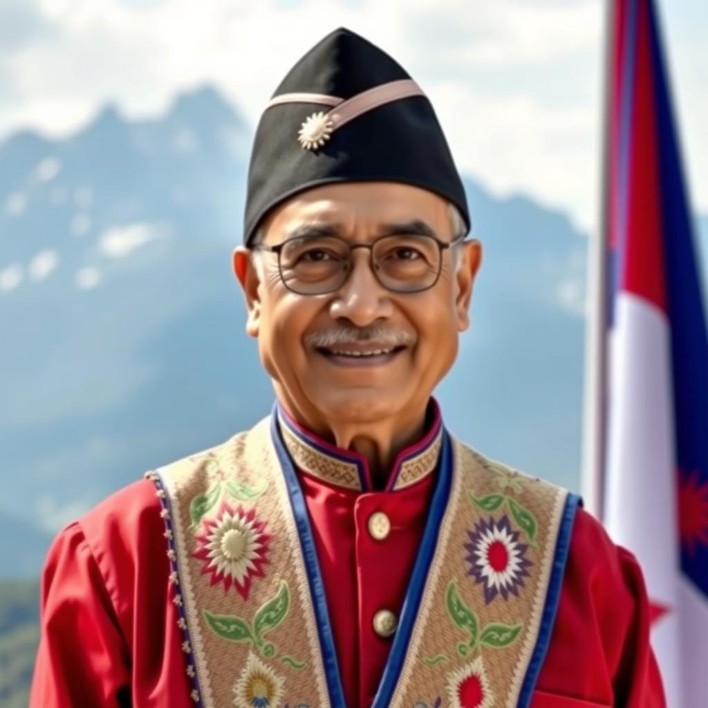 A dignified portrait of a man as the Prime Minister of Nepal, confidently wearing traditional Nepali poshak (attire), which includes a beautifully embroidered Daura Suruwal and a black topi hat