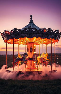 A romantic book cover featuring a vintage carousel at sunset, glowing softly in hues of gold, pink, and lavender