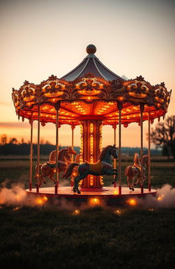 A romantic book cover featuring a vintage carousel at sunset, glowing softly in hues of gold, pink, and lavender