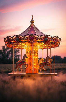 A romantic book cover featuring a vintage carousel at sunset, glowing softly in hues of gold, pink, and lavender