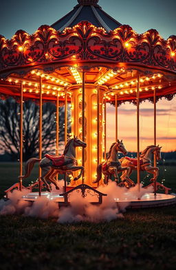 A romantic book cover featuring a vintage carousel at sunset, glowing softly in hues of gold, pink, and lavender