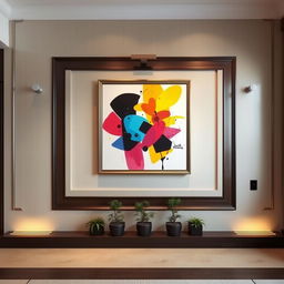 An intricately designed wall with a vibrant and modern painting displayed prominently