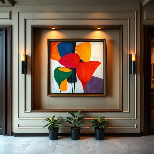 An intricately designed wall with a vibrant and modern painting displayed prominently
