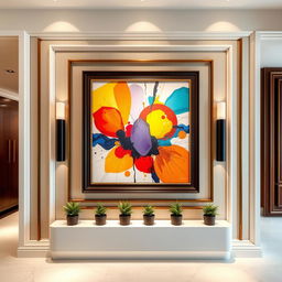 An intricately designed wall with a vibrant and modern painting displayed prominently