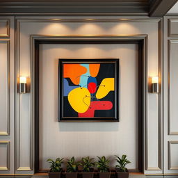 An intricately designed wall with a vibrant and modern painting displayed prominently