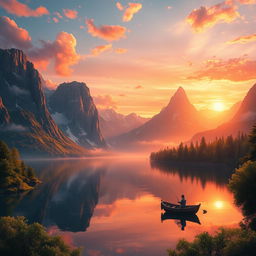 A stunning, ultra-detailed fantasy landscape featuring a serene lake surrounded by towering mountains at sunset
